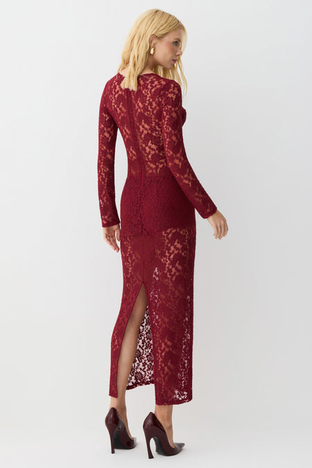 VESTIDO MIDI MANGA LONGA RECORTE DECOTE EM RENDA VERMELHO CEREJA