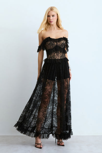 VESTIDO MIDI EM RENDA COM DETALHES ALCAS E DECOTE PRETO