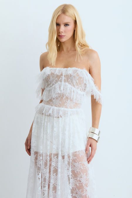 VESTIDO MIDI EM RENDA COM DETALHES ALCAS E DECOTE OFF WHITE