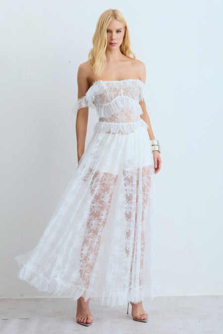 VESTIDO MIDI EM RENDA COM DETALHES ALCAS E DECOTE OFF WHITE