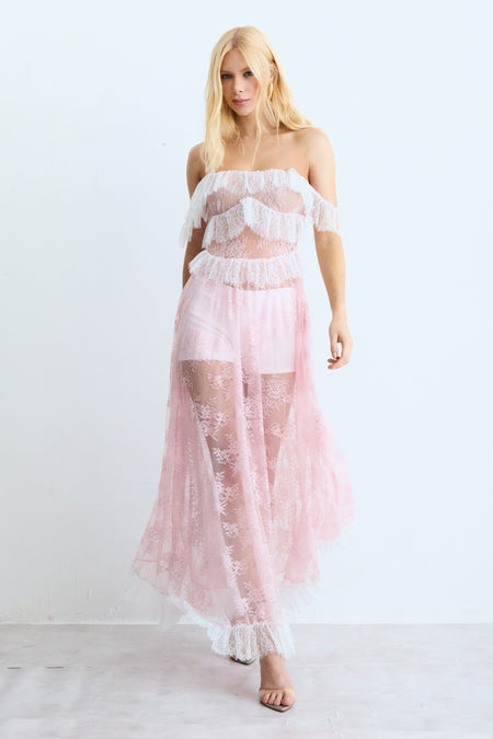 VESTIDO MIDI EM RENDA COM DETALHES ALCAS E DECOTE ROSA BEBE