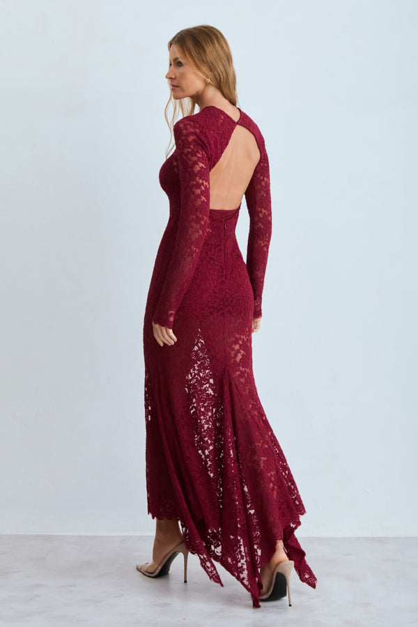 VESTIDO MIDI ABERTURA COSTAS COM BARRA ASSIMETRICA VERMELHO CEREJA
