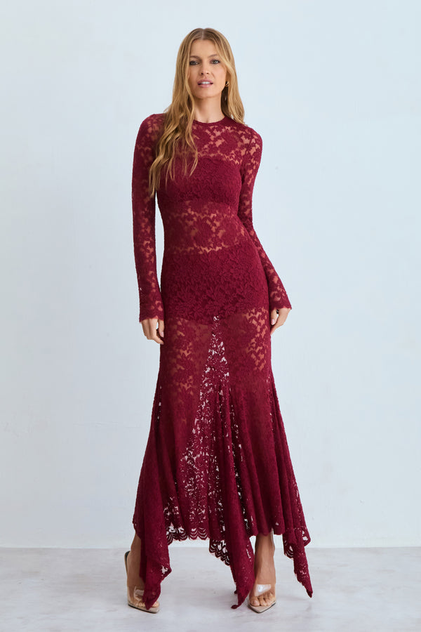 VESTIDO MIDI ABERTURA COSTAS COM BARRA ASSIMETRICA VERMELHO CEREJA