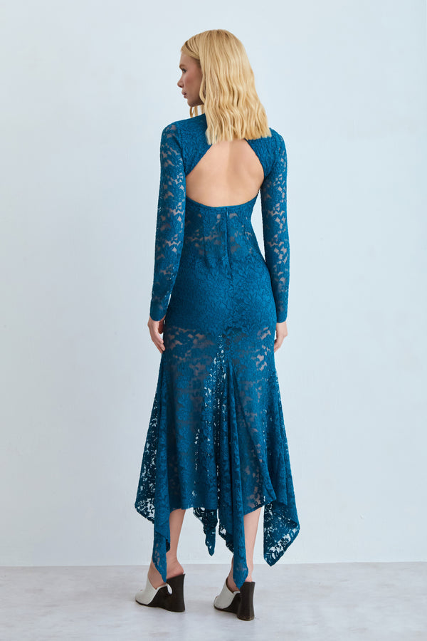 VESTIDO MIDI ABERTURA COSTAS COM BARRA ASSIMETRICA AZUL PAVAO