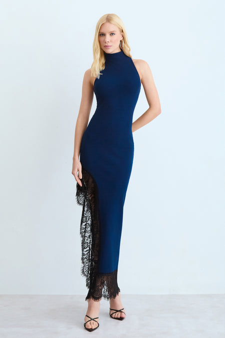 VESTIDO MIDI ALONGADO COM FENDA E BARRA DETALHE RENDA AZUL MARINHO ESCURO