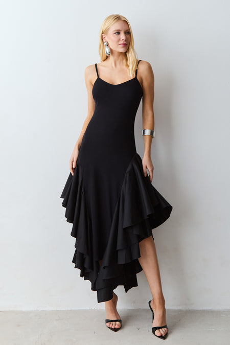 VESTIDO MIDI ALCA FINA BARRA ASSIMETRICA COM VOLUME PRETO