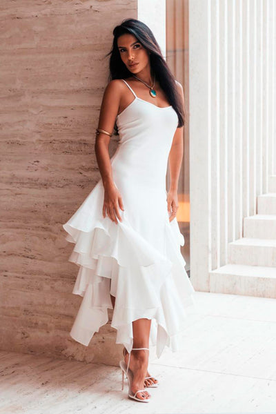 VESTIDO MIDI ALCA FINA BARRA ASSIMETRICA COM VOLUME OFF WHITE