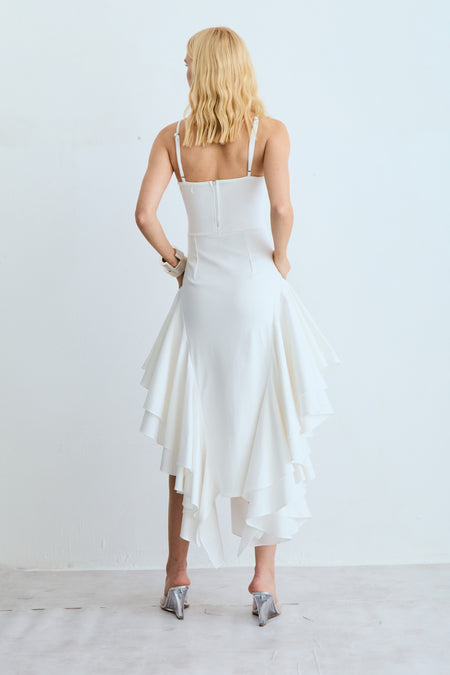 VESTIDO MIDI ALCA FINA BARRA ASSIMETRICA COM VOLUME OFF WHITE