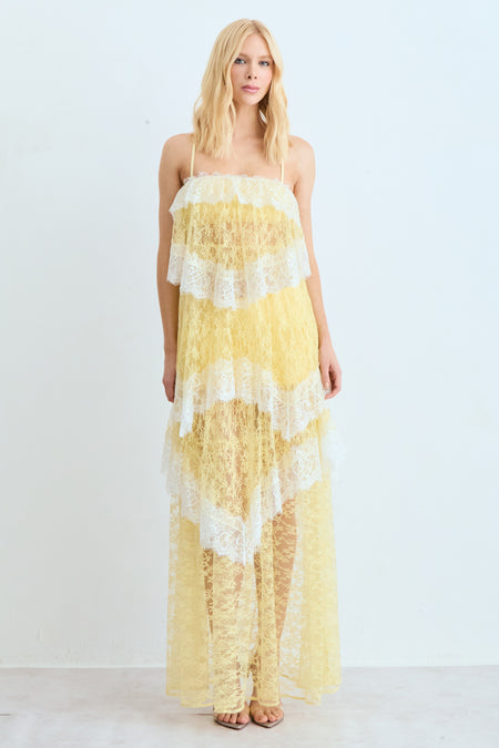 VESTIDO MIDI EM RENDA COM BABADOS COM AMARRACAO AMARELO