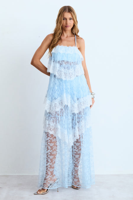 VESTIDO MIDI EM RENDA COM BABADOS COM AMARRACAO AZUL POLAR