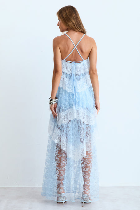 VESTIDO MIDI EM RENDA COM BABADOS COM AMARRACAO AZUL POLAR