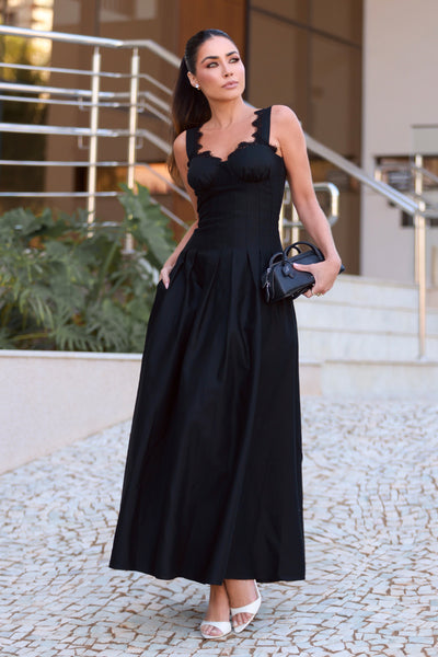 VESTIDO MIDI RECORTES PESPONTADOS E RENDA DECOTE PRETO