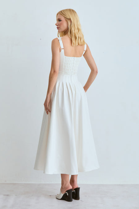 VESTIDO MIDI RECORTES PESPONTADOS E RENDA DECOTE OFF WHITE