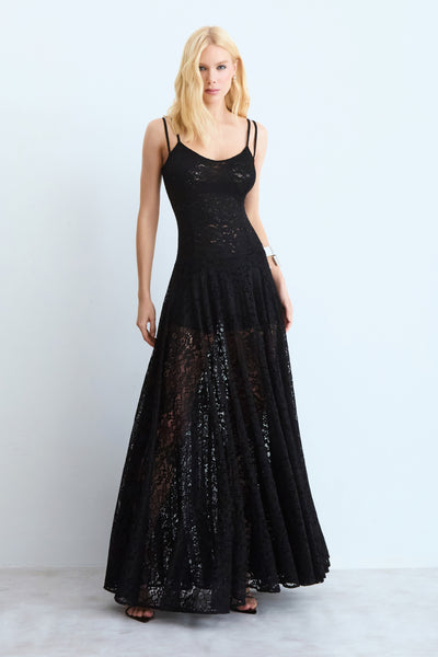 VESTIDO MIDI EM RENDA ACINTURADO COM DECOTE V PRETO