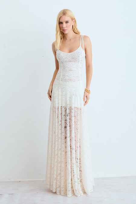 VESTIDO MIDI EM RENDA ACINTURADO COM DECOTE V OFF WHITE