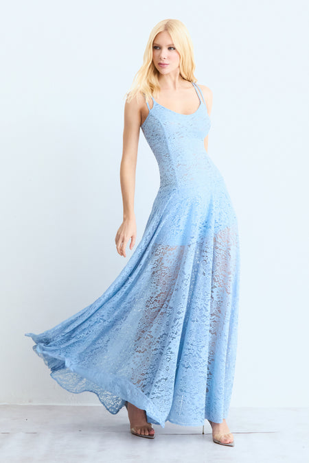 VESTIDO MIDI EM RENDA ACINTURADO COM DECOTE V AZUL BEBE