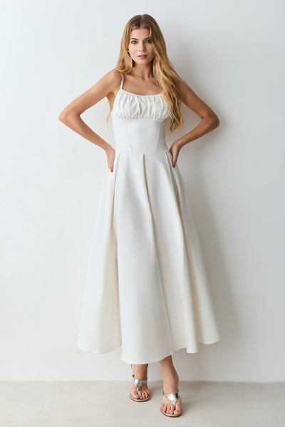 VESTIDO MIDI ACINTURADO COM FRAZIDOS BUSTO E PREGAS OFF WHITE