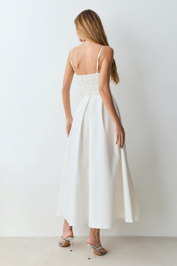VESTIDO MIDI ACINTURADO COM FRAZIDOS BUSTO E PREGAS OFF WHITE