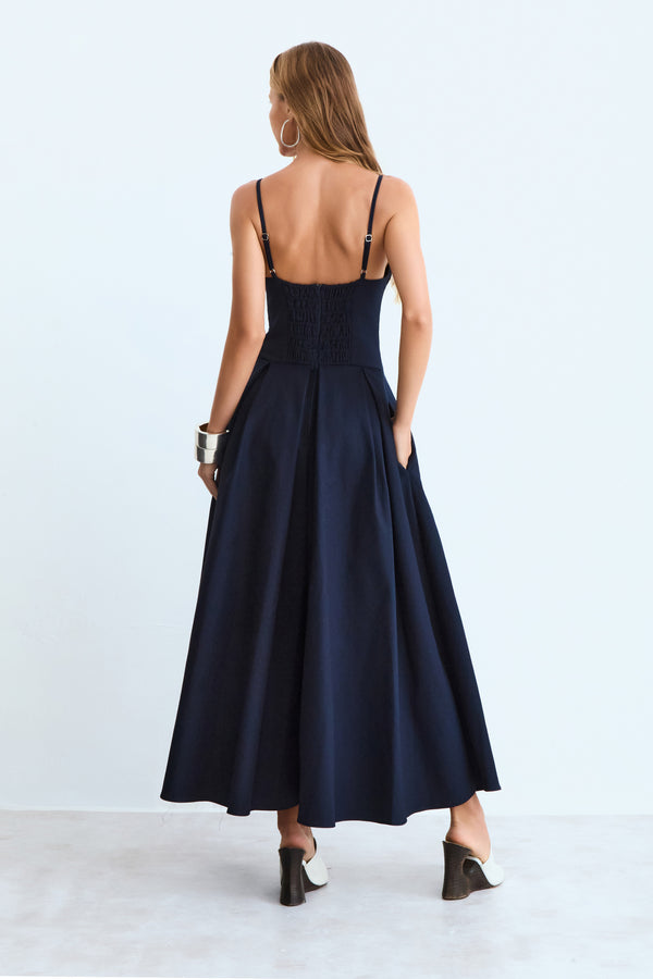 VESTIDO MIDI ACINTURADO COM FRAZIDOS BUSTO E PREGAS AZUL MARINHO