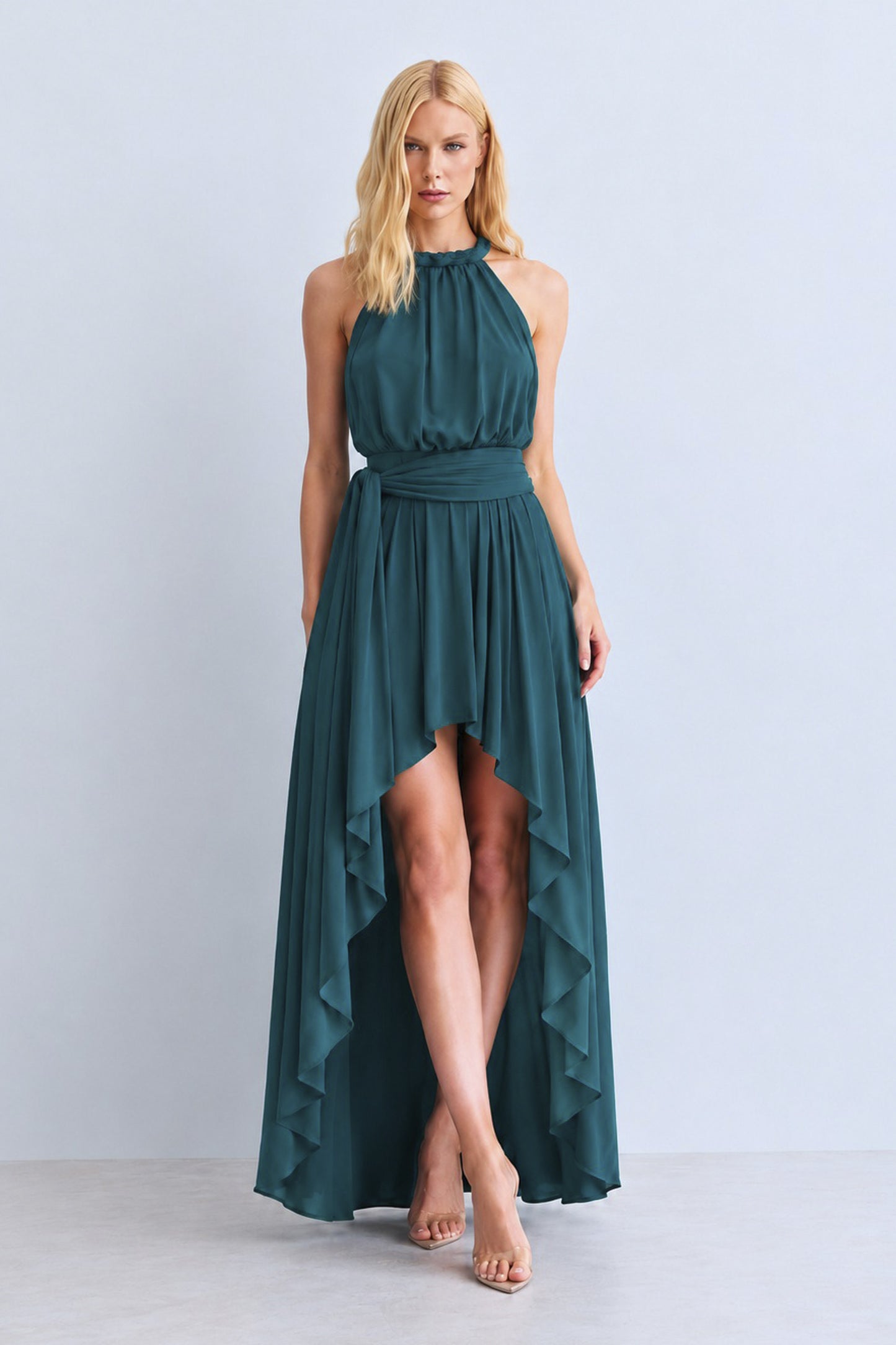 VESTIDO MULLET FRENTE UNICA  E FAIXA CINTURA VERDE PETROLEO