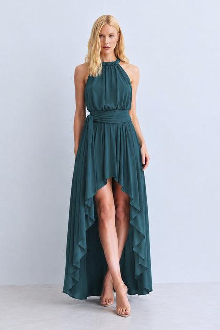 VESTIDO MULLET FRENTE UNICA  E FAIXA CINTURA VERDE PETROLEO