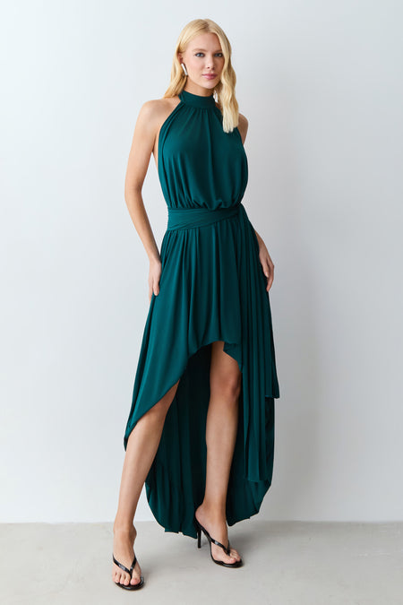 VESTIDO MULLET FRENTE UNICA  E FAIXA CINTURA VERDE PETROLEO