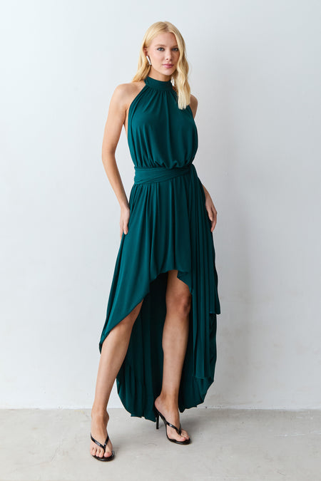 VESTIDO MULLET FRENTE UNICA  E FAIXA CINTURA VERDE PETROLEO