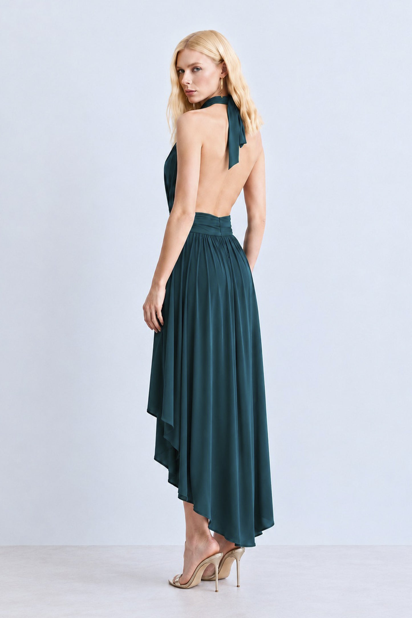 VESTIDO MULLET FRENTE UNICA  E FAIXA CINTURA VERDE PETROLEO