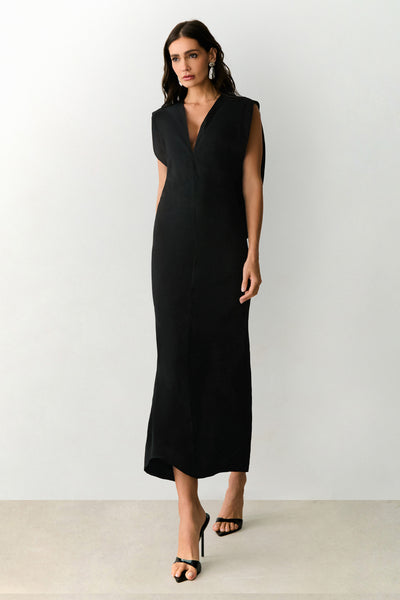 VESTIDO MIDI DEVOTE V COM OMBREIRAS CAIMENTO COSTAS PRETO
