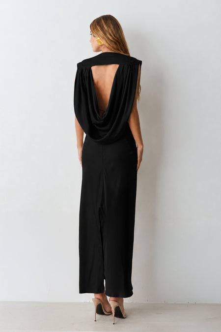 VESTIDO MIDI DEVOTE V COM OMBREIRAS CAIMENTO COSTAS PRETO