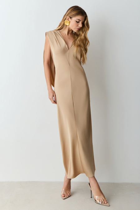 VESTIDO MIDI DEVOTE V COM OMBREIRAS CAIMENTO COSTAS KAKI