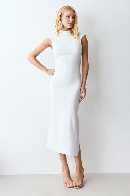 VESTIDO MIDI ABERTURA E TORCAO COSTAS GOLA MEDIA OFF WHITE
