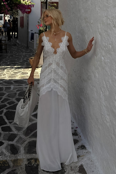 VESTIDO LONGO COM FLUIDEZ DETALHES EM RENDA E ALCA FINA OFF WHITE