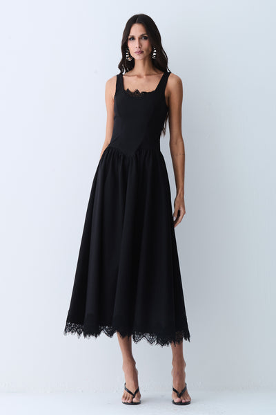 VESTIDO MIDI ACINTURADO COM RENDA BUSTO E BARRA PRETO
