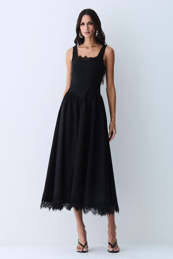 VESTIDO MIDI ACINTURADO COM RENDA BUSTO E BARRA PRETO