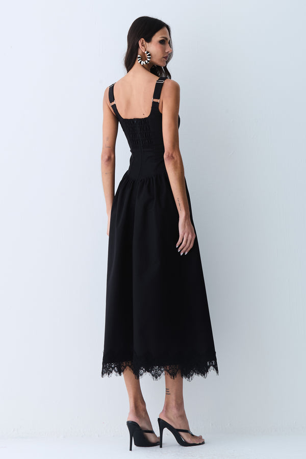 VESTIDO MIDI ACINTURADO COM RENDA BUSTO E BARRA PRETO