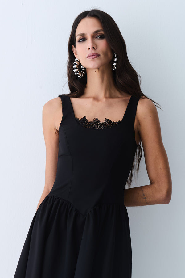 VESTIDO MIDI ACINTURADO COM RENDA BUSTO E BARRA PRETO