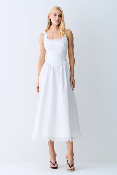 VESTIDO MIDI ACINTURADO COM RENDA BUSTO E BARRA OFF WHITE