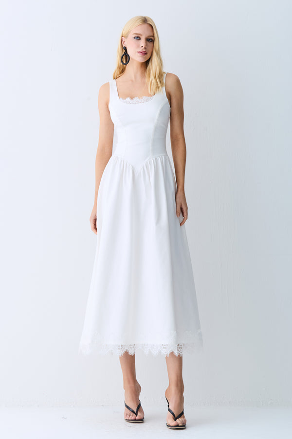 VESTIDO MIDI ACINTURADO COM RENDA BUSTO E BARRA OFF WHITE
