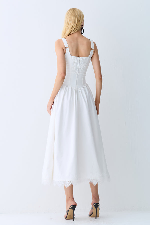 VESTIDO MIDI ACINTURADO COM RENDA BUSTO E BARRA OFF WHITE