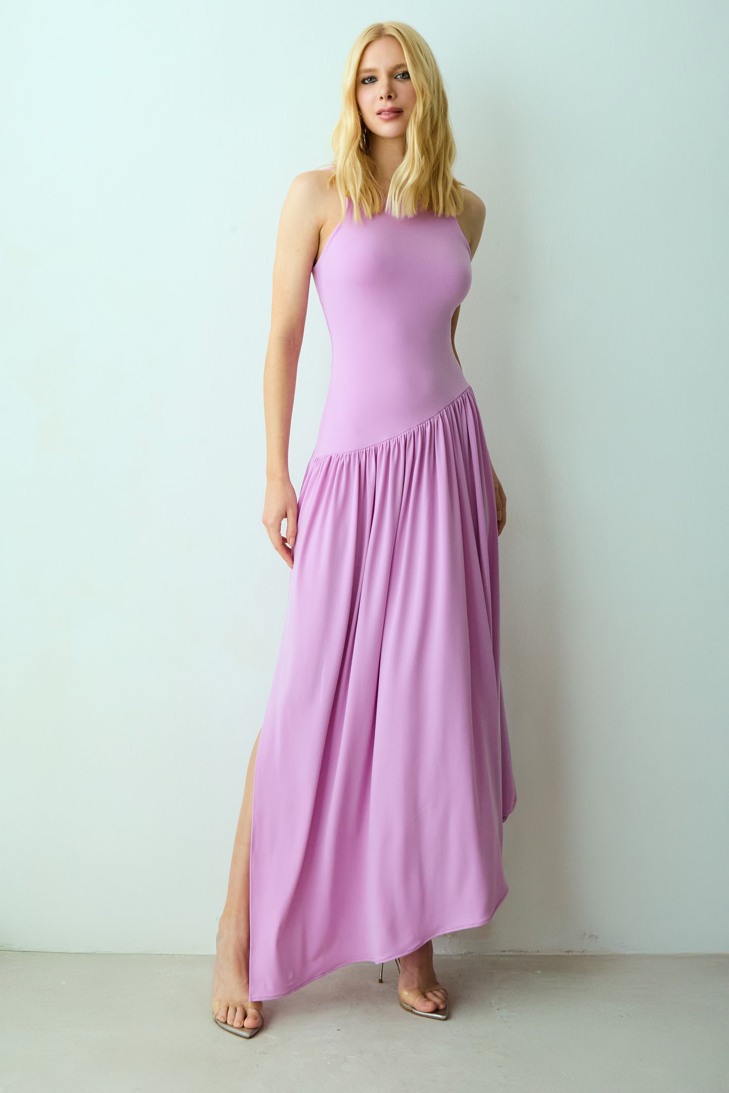 VESTIDO MIDI DECOTE NADADOR E SAIA ASSIMETRICA ORQUIDEA