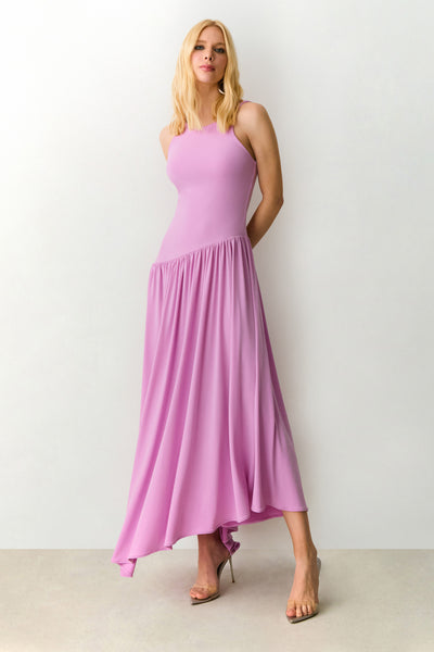 VESTIDO MIDI DECOTE NADADOR E SAIA ASSIMETRICA ORQUIDEA