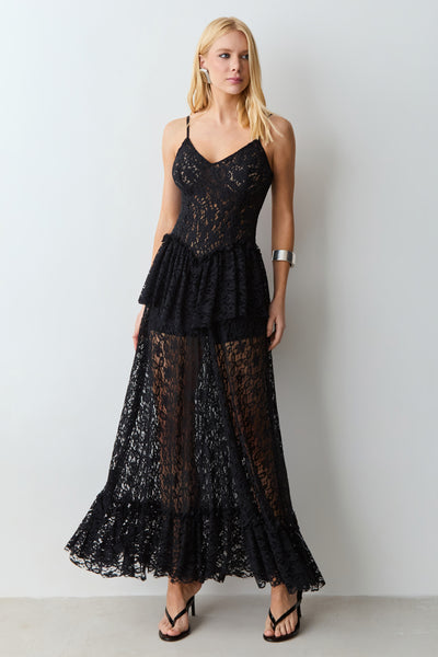 VESTIDO MIDI EM RENDA DECOTE V E DETALHE BABADO PRETO