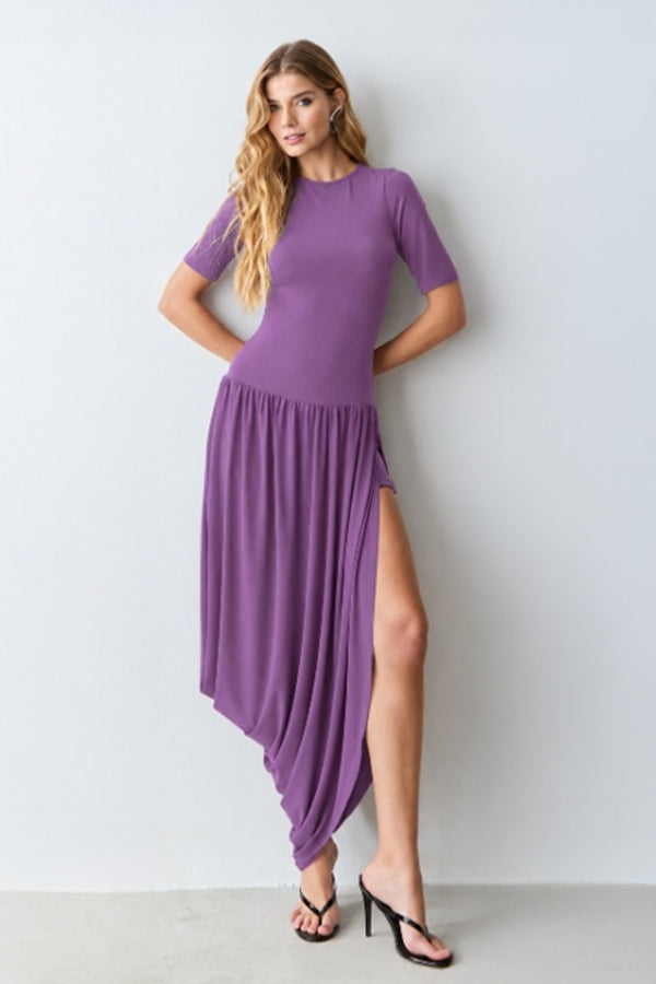 VESTIDO MIDI MANGA CURTA SAIA COM CAIMENTO BALONE ORQUIDEA