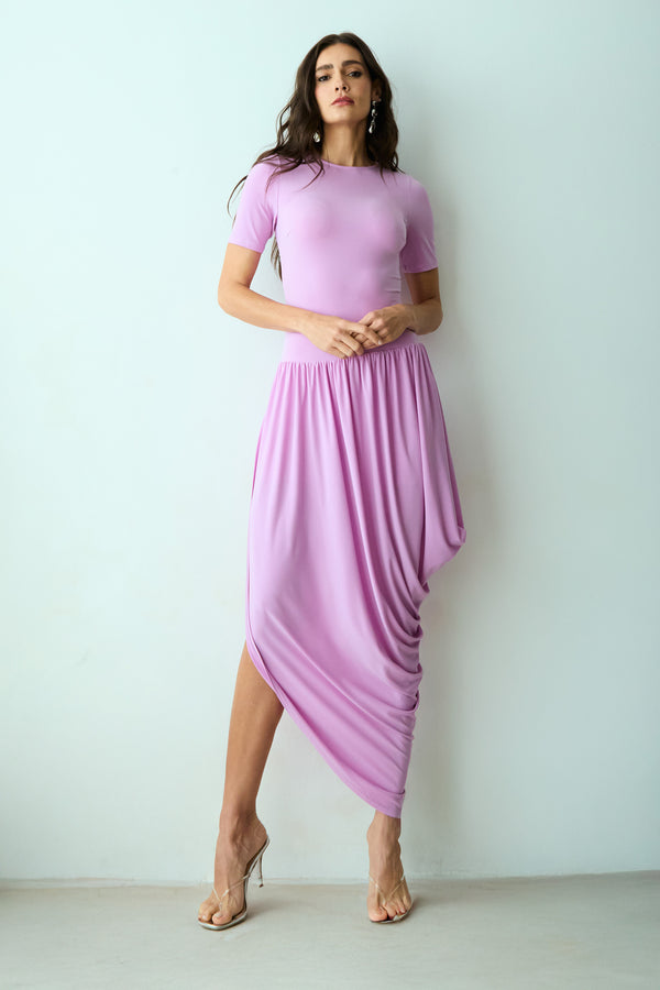 VESTIDO MIDI MANGA CURTA SAIA COM CAIMENTO BALONE ORQUIDEA