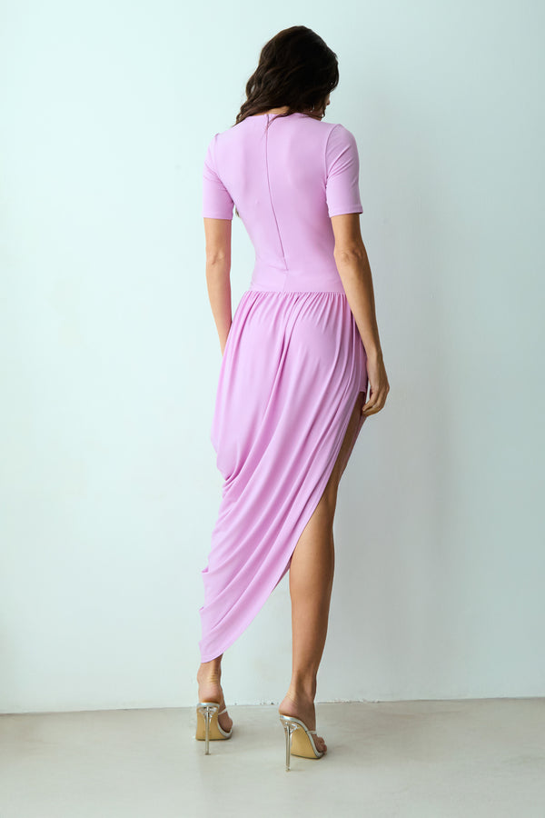 VESTIDO MIDI MANGA CURTA SAIA COM CAIMENTO BALONE ORQUIDEA