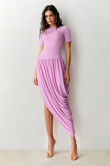 VESTIDO MIDI MANGA CURTA SAIA COM CAIMENTO BALONE ORQUIDEA
