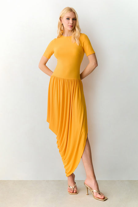 VESTIDO MIDI MANGA CURTA SAIA COM CAIMENTO BALONE LARANJA MANGA