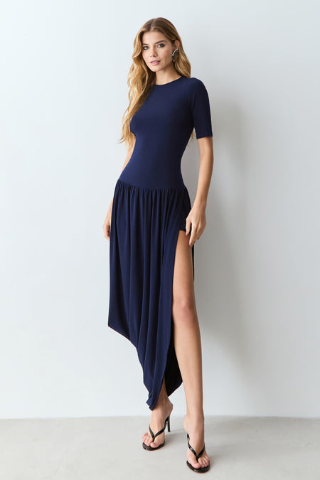 VESTIDO MIDI MANGA CURTA SAIA COM CAIMENTO BALONE AZUL ECLIPSE