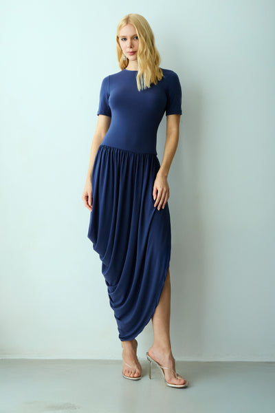 VESTIDO MIDI MANGA CURTA SAIA COM CAIMENTO BALONE AZUL ECLIPSE